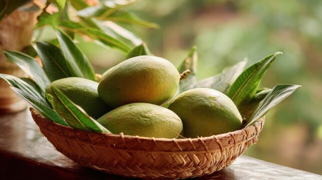 Fresh green mangoes in a woven basket with tropical leaves, natural lighting. Rustic woven basket filled with ripe green mangoes and lush tropical leaves, set against soft, blurred natural background