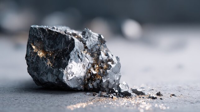 Raw, metallic mineral specimen with golden inclusions on textured surface. Detailed macro view of rough, unpolished mineral chunk showcasing its crystalline structure glittering golden veins