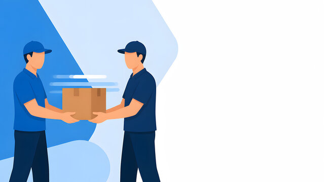 Two Couriers Exchanging Cardboard Package Flat Vector Illustration