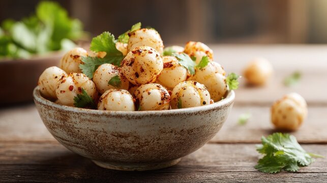 Delicious spiced potatoes garnished with fresh herbs in a rustic bowl. A close-up view of a rustic bowl filled with golden-brown, seasoned potato bites sprinkled with fresh green herbs and spices