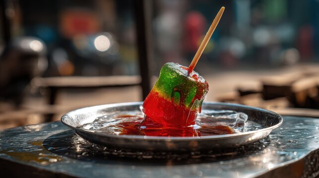 Colorful frozen dessert melting on a metal plate with syrup and ice cubes. Multi-colored frozen treat on stick slowly melts into sweet syrup on rustic metal plate, creating refreshing summer scene
