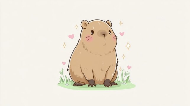 Cute cartoon capybara sitting in grass with hearts and sparkles. Adorable illustrated capybara character surrounded by pink hearts and golden sparkles, perfect for children's themes