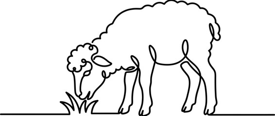 Single line drawing of a sheep grazing on grass © nongko