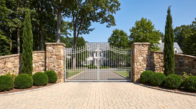 A grand gated entrance to a luxurious estate featuring a paved driveway, stone pillars, manicured boxwood shrubs, and tall cypress trees under a clear sky