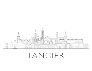 Naklejka premium Tangier skyline, Morocco. Urban cityscape with landmarks and monuments. Hand drawn line art digital skyline illustration.