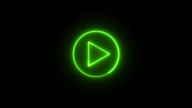 green color play button on black background. Start button. Neon glowing play button. . Play button icon neon animation. Music play button icon animation.