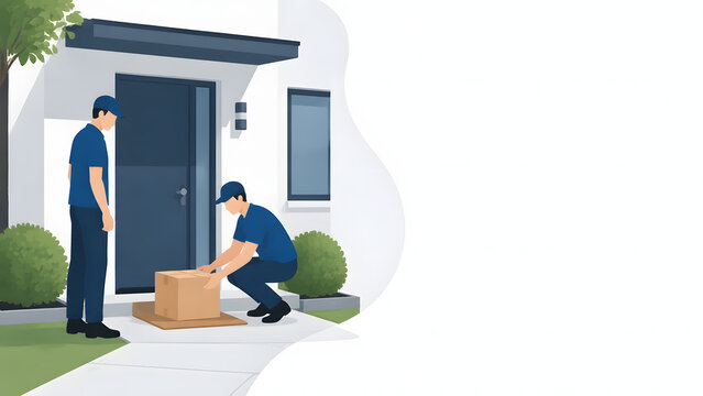 Courier Delivering Parcel to Home Entrance Flat Vector Illustration