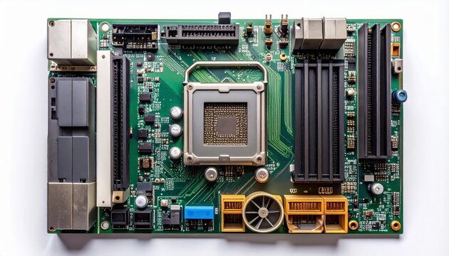 Green circuit board with processor and components on white background.