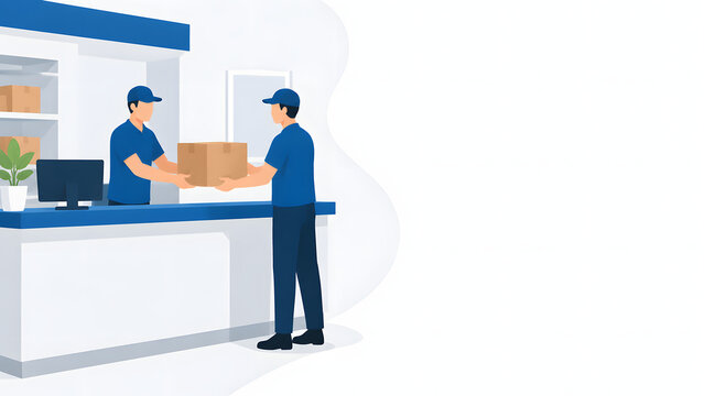 Customer Collecting Cardboard Package at Parcel Service Counter Flat Illustration