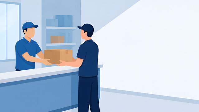 Courier Delivering Cardboard Package at Service Counter Flat Vector Illustration