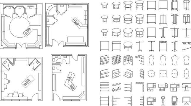 Retail store interior floor plan layouts with outline vector set of shop furniture, clothing racks, and fixtures