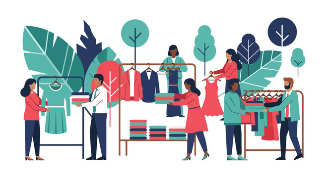 Diverse group of people organizing and sorting clothes at a community clothing drive or second-hand shop.