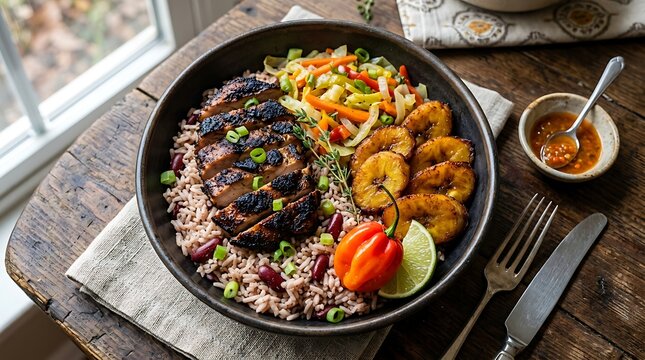 Healthy caribbean style rice bowl with grilled jerk chicken fried plantains and spicy habanero pepper. Caribbean food bowls