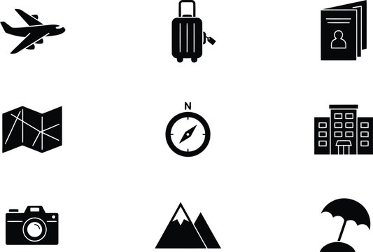 Travel and tourism icons collection featuring airplane luggage passport map compass hotel camera mountain beach umbrella.
