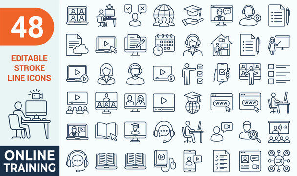 Online Training web icons in line style. Education, seminar, online test, webinar, course, distance learning collection. Editable stroke. Vector illustration.