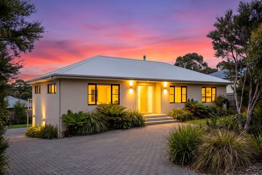 Modern suburban house exterior at sunset with a paved driveway, warm glowing interior lights, and lush landscaping under a vibrant purple and orange sky