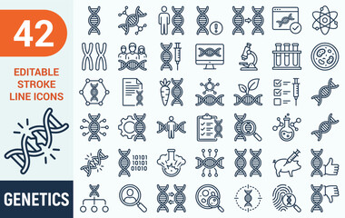 Fototapeta premium Genetics web icons in line style editable stroke. Chromosome, DNA, experiments, genome, genetic, biology, collection. Editable stroke. Vector illustration.