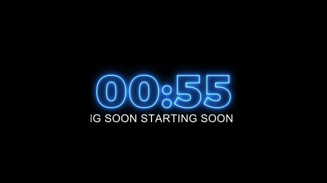 1 minute countdown timer displays with text starting soon moving animation , Blue neon 60 to 0 second countdown with starting soon text moving animation on black background.