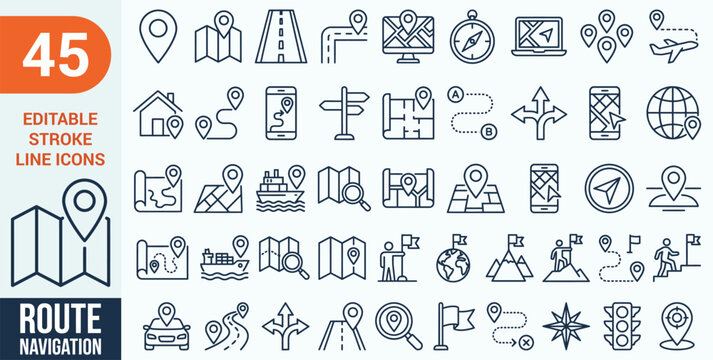 Route web icons in line style. Navigation, location, route map, traffic, pin,  collection. Editable stroke. Vector illustration.
