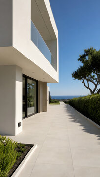 Modern Luxury House with Balcony and Contemporary Architectural Design Against a Clear Blue Sky
