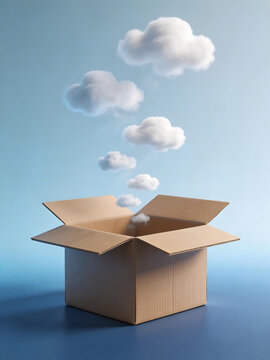 Cardboard box with clouds floating out