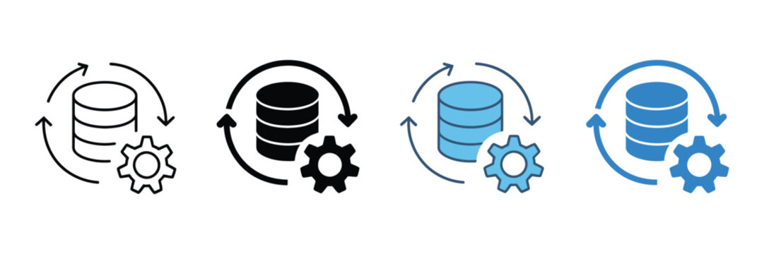 Database management icons featuring multiple vector styles for data storage server administration cloud systems and information technology