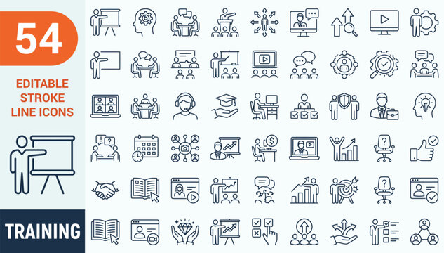 Training web icons in line style. Education, seminar, online test, webinar, course, distance learning collection. Editable stroke. Vector illustration.
