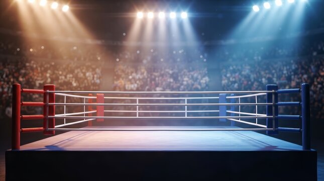 A vibrant boxing ring ready for a match under dramatic stage lighting.
