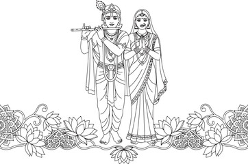 Obraz premium Charming Radha Krishna Duo Line Illustration Coloring Sheet