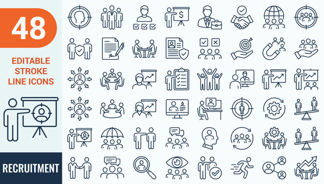 Recruitment web icons in line style. Headhunting, career, resume, work group, candidate, job hiring, collection. Editable stroke. Vector illustration.