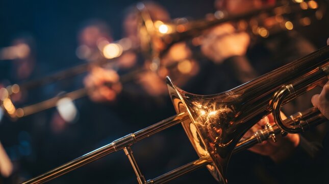 Gleaming brass trombones during a lively musical performance in close-up view.
