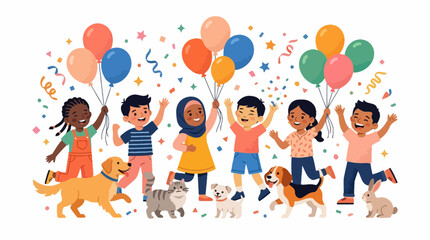 Fototapeta premium Diverse Group of Happy Children Celebrating with Pets, Balloons, and Confetti