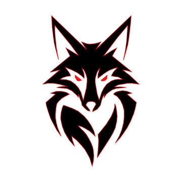 Symmetric fox or wolf head illustration with sharp lines and glowing red eyes. Aggressive wild animal predator mascot emblem, isolated on white background.