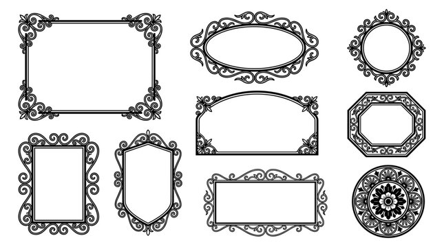 set of vintage decorative frames with ornate filigree floral borders, collection of elegant black outline elements for invitation, menu, certificate