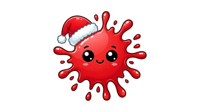 Cute Red Splatter with Santa Hat on White Background, Festive Graphic
