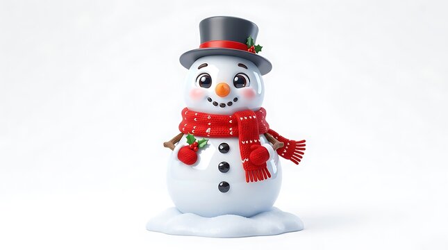 Cute Snowman with Top Hat and Red Scarf on White Background