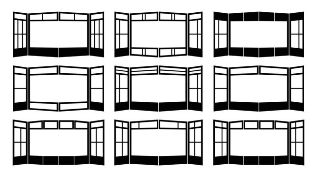 Set of nine black silhouette window frames, architectural layout elements, flat vector icons for interior design blueprints, building planning and