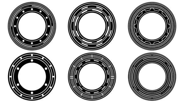 Set of six round porthole frames with black and white geometric border patterns, vintage nautical design element for decorative borders or