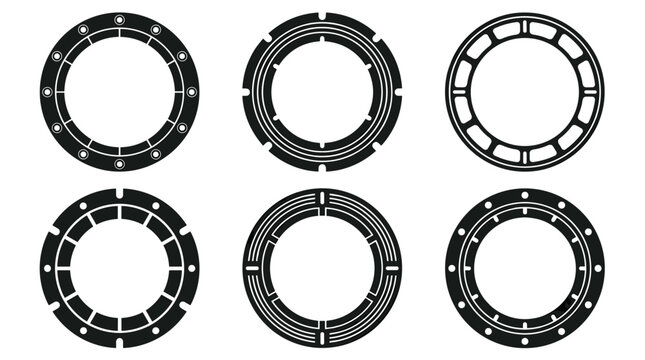 Set of six circular porthole frames with industrial mechanical designs, decorative border elements, round nautical windows, vector illustration