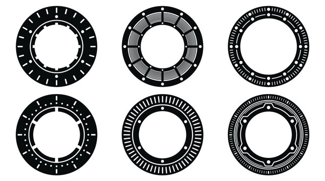 Set of six vector porthole frames featuring intricate circular ornaments, maritime border elements, industrial nautical design, decorative round