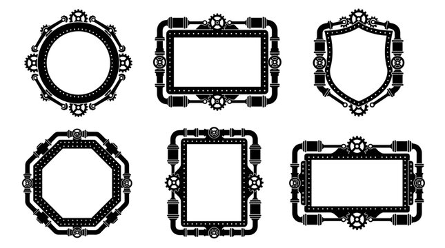 Set of decorative steampunk frames with gears and piping, ornate border templates for vintage invitations, industrial machinery motifs, elegant