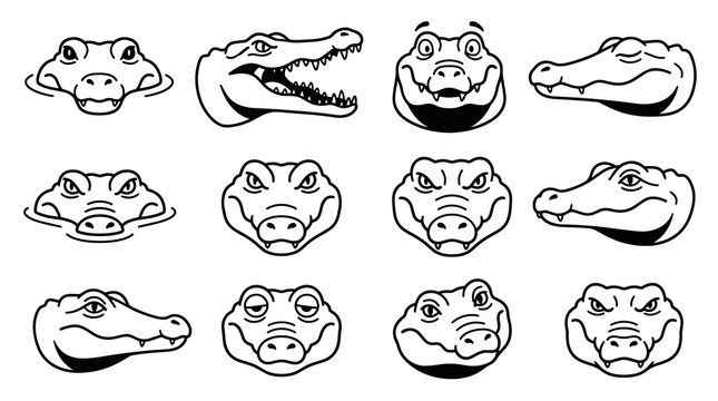 Set of line art alligator and crocodile heads in various poses and expressions, simple vector icons, isolated on white