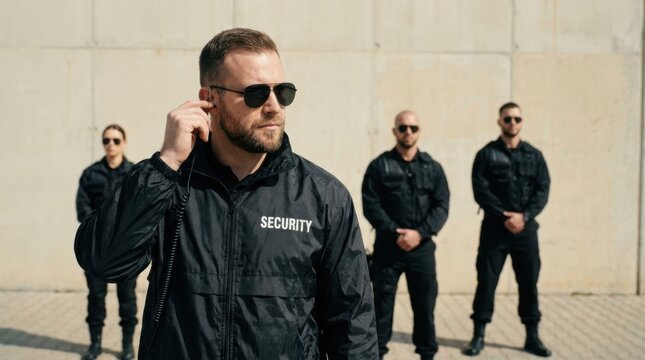 Professional security team standing in line. Elite bodyguards wearing tactical uniforms.