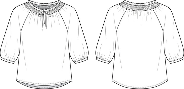 Fashion technical sketch of women's peasant blouse with gathered neckline and raglan sleeves for apparel design templates