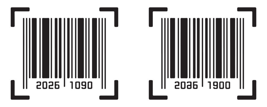 Two modern barcodes with futuristic numbers for digital scanning and product identification on grid.