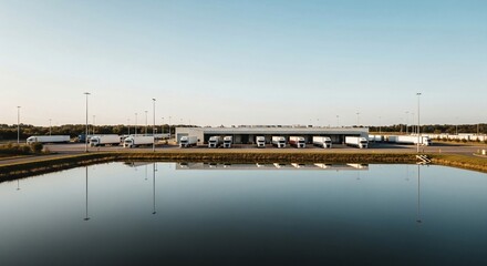 Fototapeta premium Logistics terminal with multiple trucks lined up at loading docks, reflecting in calm water under a clear sky.
