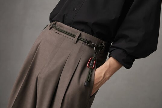 Professional individual wearing olive-green pleated trousers with adjustable belt loop and black zippered waistband holding red keychain, minimalist urban fashion styling, neutral background