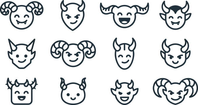 Devil and Demon Face Line Icon Set Featuring Monsters with Various Horns Expressions Fangs and Smirks for Spooky Halloween Graphic Vector Designs