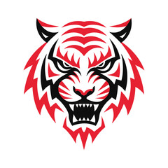 Fototapeta premium Red and black stylized tiger head vector illustration design element with geometric patterns fierce, fierce eyes bared, displays stylized, bared teeth, aggressive, abstract, creature