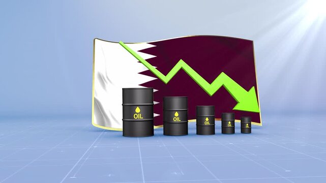 Qatar Oil Price Falling with Oil Barrels Downward Green Arrow and 3D Financial Data Visualization Graphs for Economy and Business Concept
